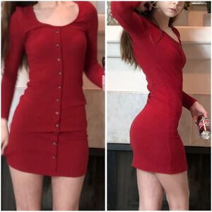 Topshop red ribbed button bodycon long sleeve mini dress size 2 EUC